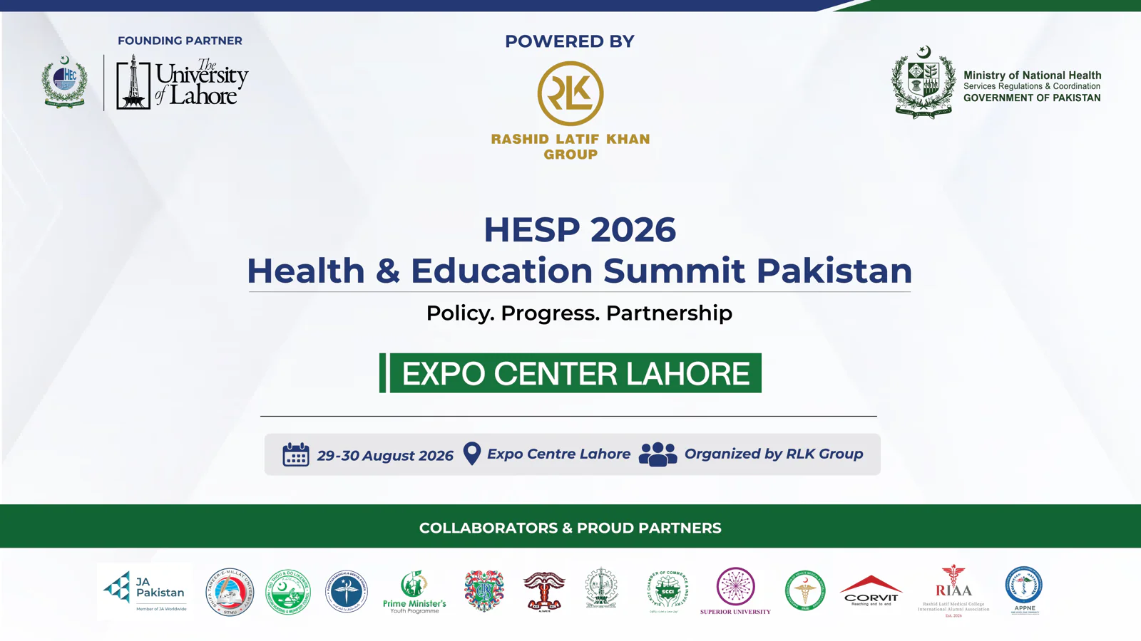 HESP 2026 &mdash; Health & Education Summit Pakistan. Policy. Progress. Partnership. 29&ndash;30 August 2026, Expo Centre Lahore.