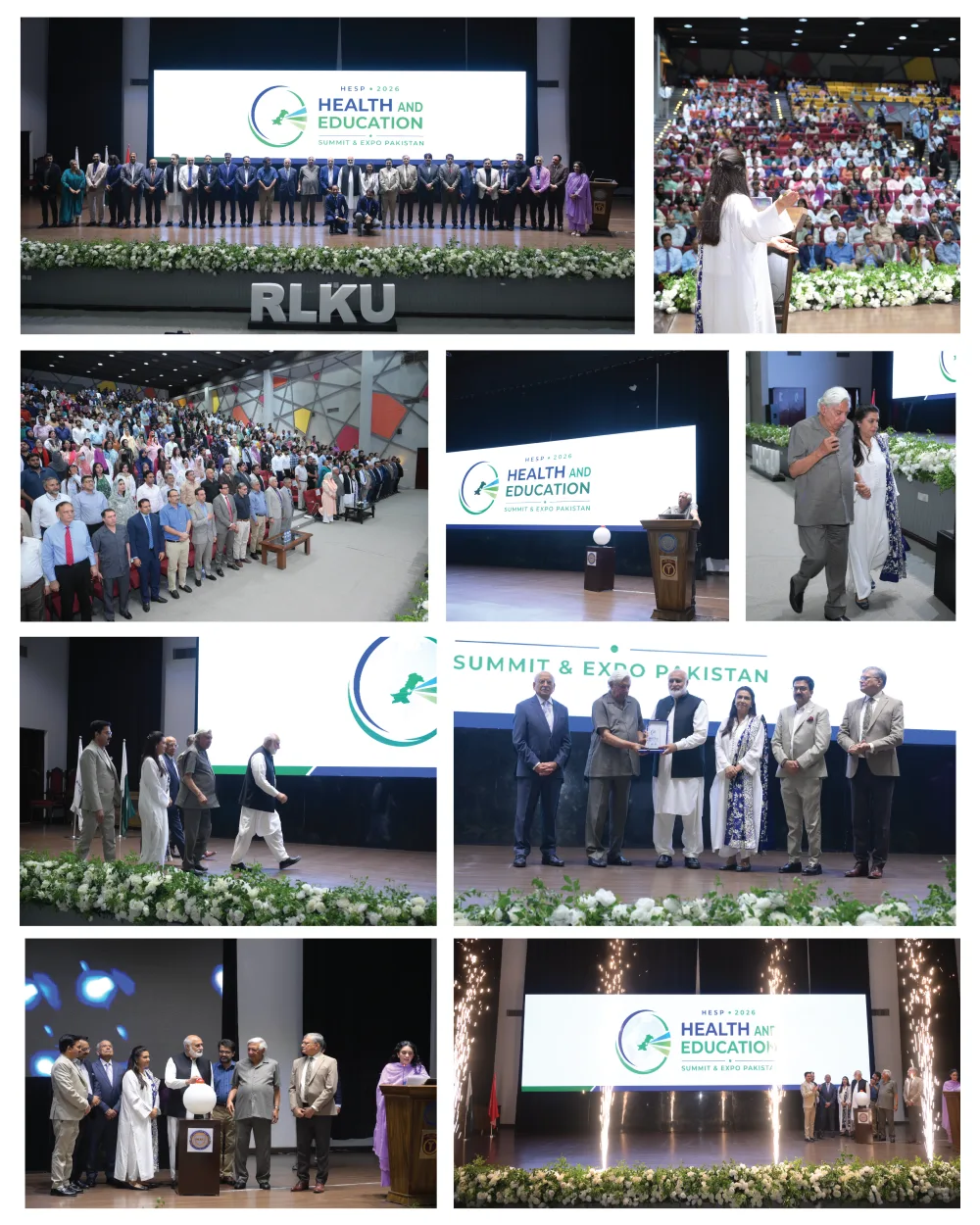 Collage from the HESP 2026 inauguration at Rashid Latif Khan University: the leadership group on stage, a full auditorium, the shield presentation and the ceremonial launch.